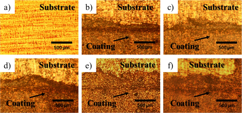 Failure surface after peeling test of E-fa/ECO copolymers at various ECO contents: a) stainless steel, b) 10 wt%, c) 20 wt%, d) 30 wt%, e) 40 wt% and f) 50 wt%.