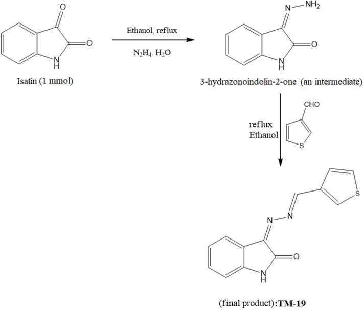 Scheme 1 for the synthesis of TM-19 (3-((thiophen-3-ylmethylene) hydrazono) indolin-2-one).