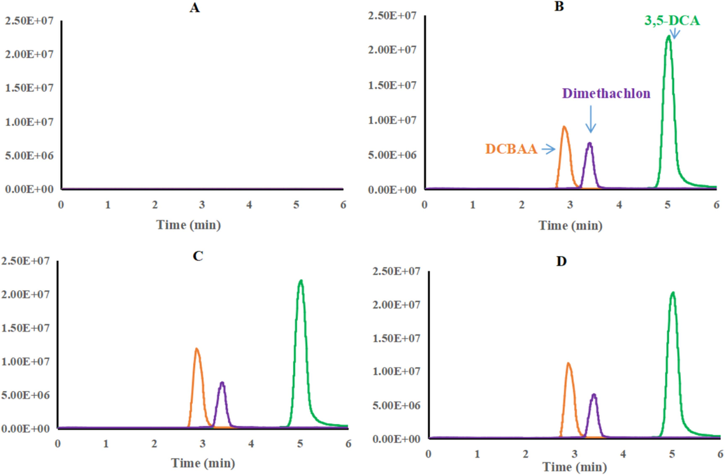 The extracted ion chromatogram of dimethachlon, DCBAA, and 3,5-DCA in the rapeseed pod sample (A, blank rapeseed pod sample, B, standard solution (0.1 μg/mL), C, matrix-matched standard solution (0.1 μg/mL), and D, rapeseed pod spiked sample (0.4 mg/kg)).