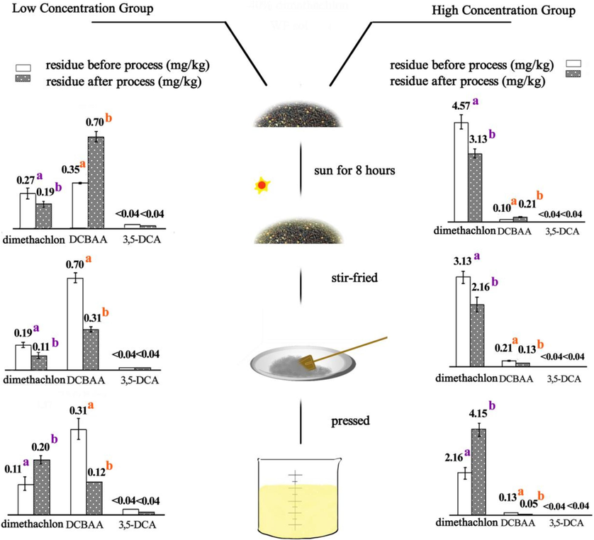 Residues of dimethachlon and its metabolites in samples during processing ab: different letters represent significant differences of residues before and after process at P < 0.05.