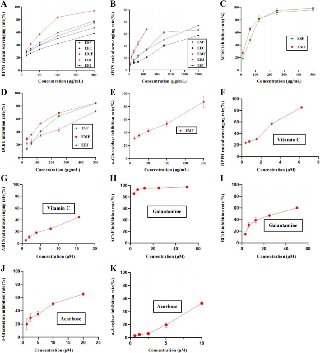 Multiple activities of five different extracts. (A and B) DPPH and ABTS radical scavenging activities of 95 % ethanol extracts of E. crus-galli (EEC), M. floridulus (EMF), S. fertilis (ESF), B. japonicus (EBJ) and E. indica (EEI). (C and D) AChE and BChE inhibitory activities of EMF, ESF and EBJ. (E) α-Glucosidase inhibitory activity of EMF. (F and G) DPPH and ABTS radical scavenging activities of vitamin C. (H and I) AChE and BChE inhibitory activities of galatamine. (J and K) α-Glucosidase and α-amylase inhibitory activities of acarbose. The data are presented as the means ± S.E.M.s.