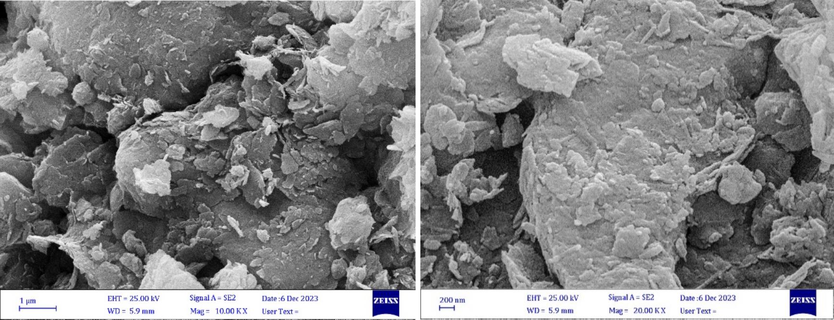 SEM images with magnifications of (a) 1 µm and (b) 200 nm for the desired catalyst after five times reuse.
