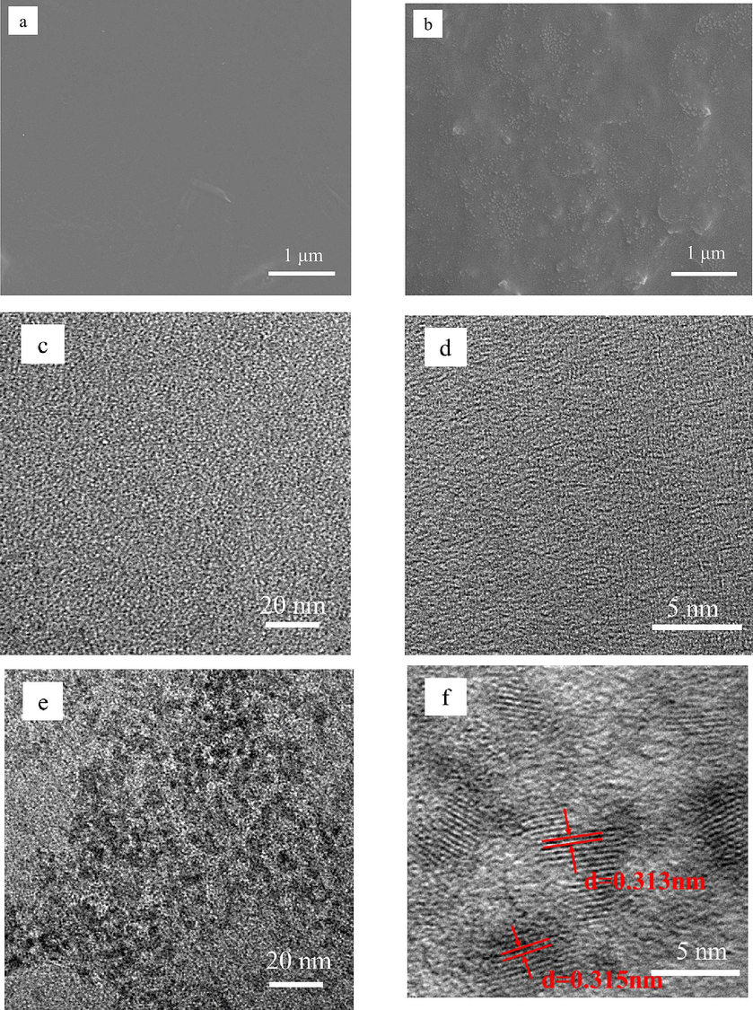 SEM images of TOCNF (a) and PF-540-Eu@TOCNF (b), TEM images of TOCNF (c/d) and PF-540-Eu@TOCNF (e/f).