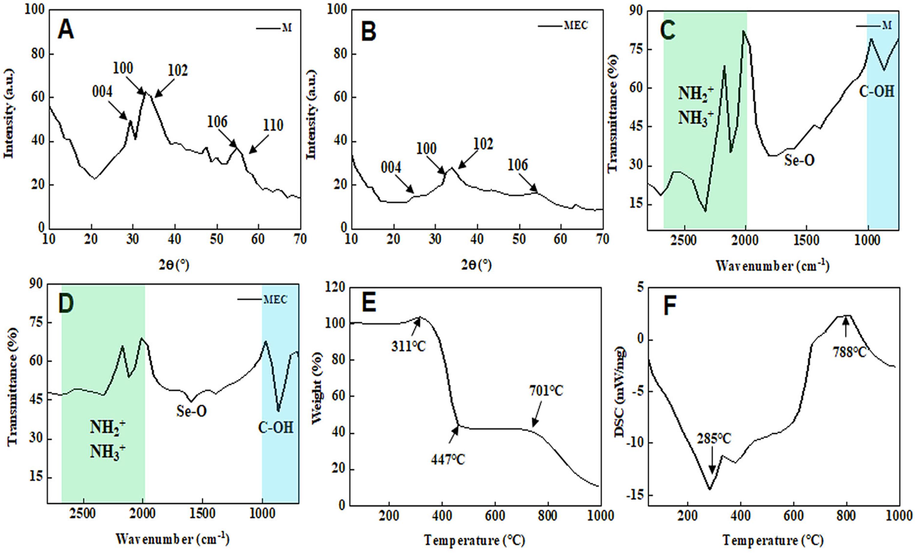 X-ray diffraction (XRD) image of M (A) and MEC (B); Fourier transform infrared spectroscopy (FT-IR) spectra of M (C) and MEC (D); (E) Thermogravimetric (TGA) image of MEC; (F) Differential scanning calorimetry (DSC) image of MEC.