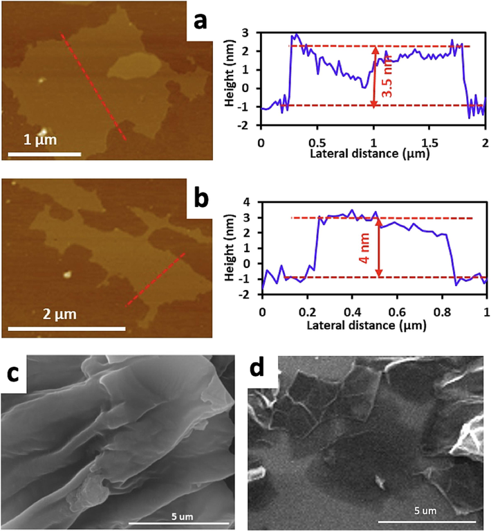 Atomic force microscopy (AFM) images of fabricated ultrathin carbon sheets processed (at 800 °C in argon) of the pyrolysis products formed from kombucha cellulose (a) and apple pomace (b); red lines indicate a cross section of the carbon nanosheets. Scanning electron microscopy (SEM) images of fabricated ultrathin carbon sheets processed (at 800 °C in argon) of the pyrolysis products formed from kombucha cellulose (c) and apple pomace (d).