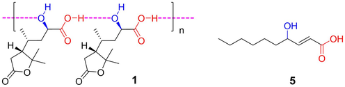 Proposed self-aggregation form of 1 in CDCl3 and another hydroxy acid (5) with broadened NMR spectra.