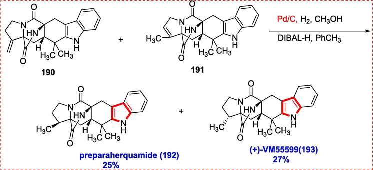 Total syntheses of preparaherquamide and (+)-VM55599.