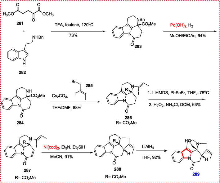 Nickel-catalyzed synthesis of monoterpene alkaloid.