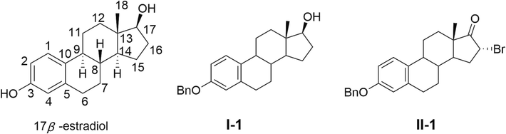 Structures of 17β-estradiol, 3-benzyloxy-Estra-1,3,5 (10)-Triene-17β-ol (I-1) and 3-benzyloxy-16α-bromo-Estra-1,3,5 (10)-Triene-17-one (II-1).