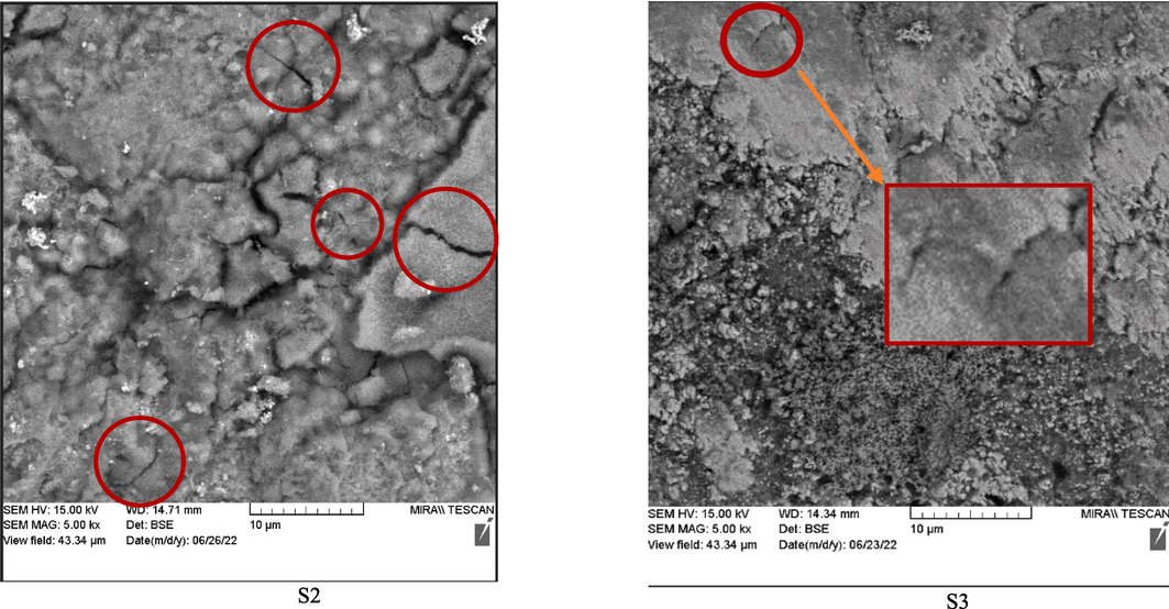The SEM analysis of produced alloys with different compositions; some possible surface cracks were signed with red marks.