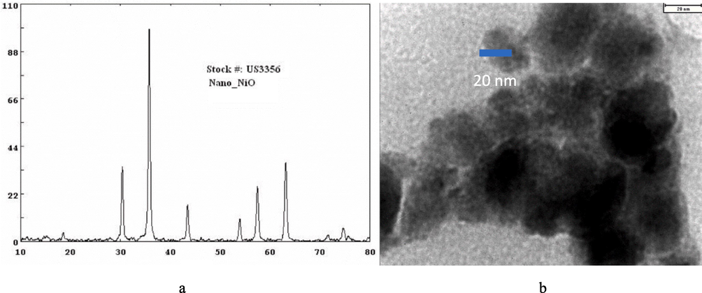 Analyzes related to purchased nickel oxide. a: XRD analysis and b: TEM analysis (received from US Research Nanomaterials company).