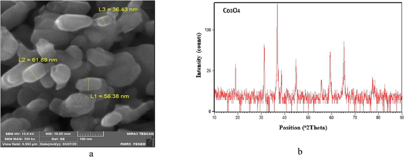 XRD and FESEM analyses related to cobalt oxide. a: TEM analysis and b: XRD pattern.