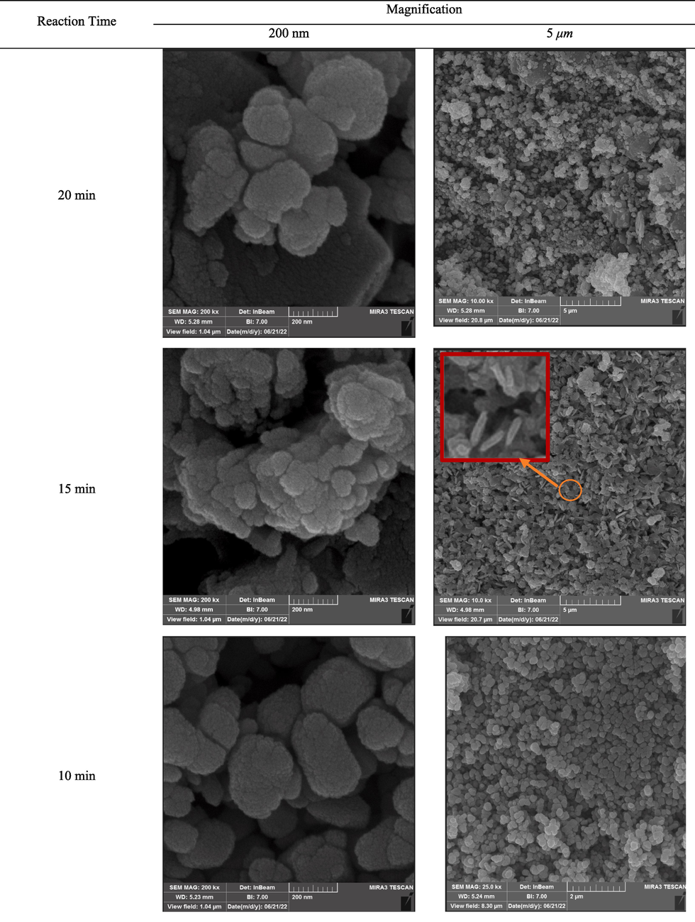 FESEM picture of cobalt/nickel alloy from the reduction reaction with different reaction times; the red marked rectangle shows the nod-shape nickel oxide.