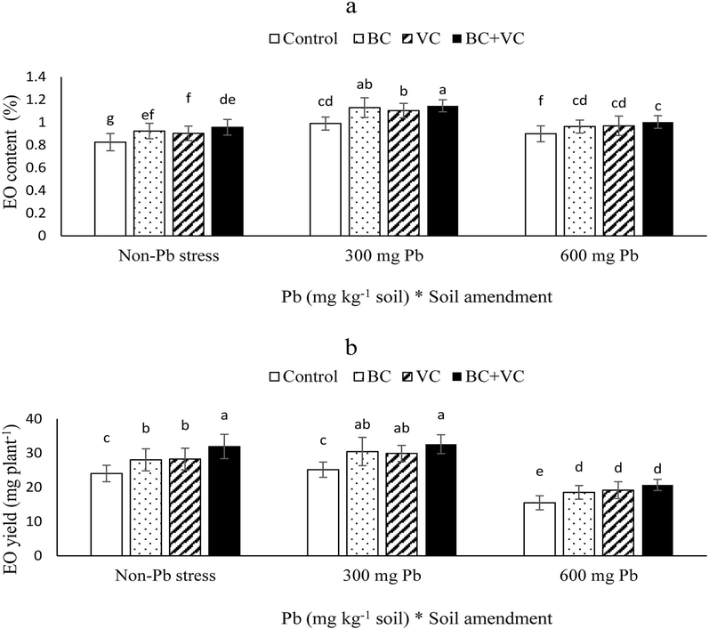Essential oil (EO) content (a) and EO yield (b) of summer savory plants under soil amendments (biochar and vermicompost) in Pb-polluted soils. Values are means ± standard deviation (SD). Different letters represent statistically significant differences among treatments at P ≤ 0.05.
