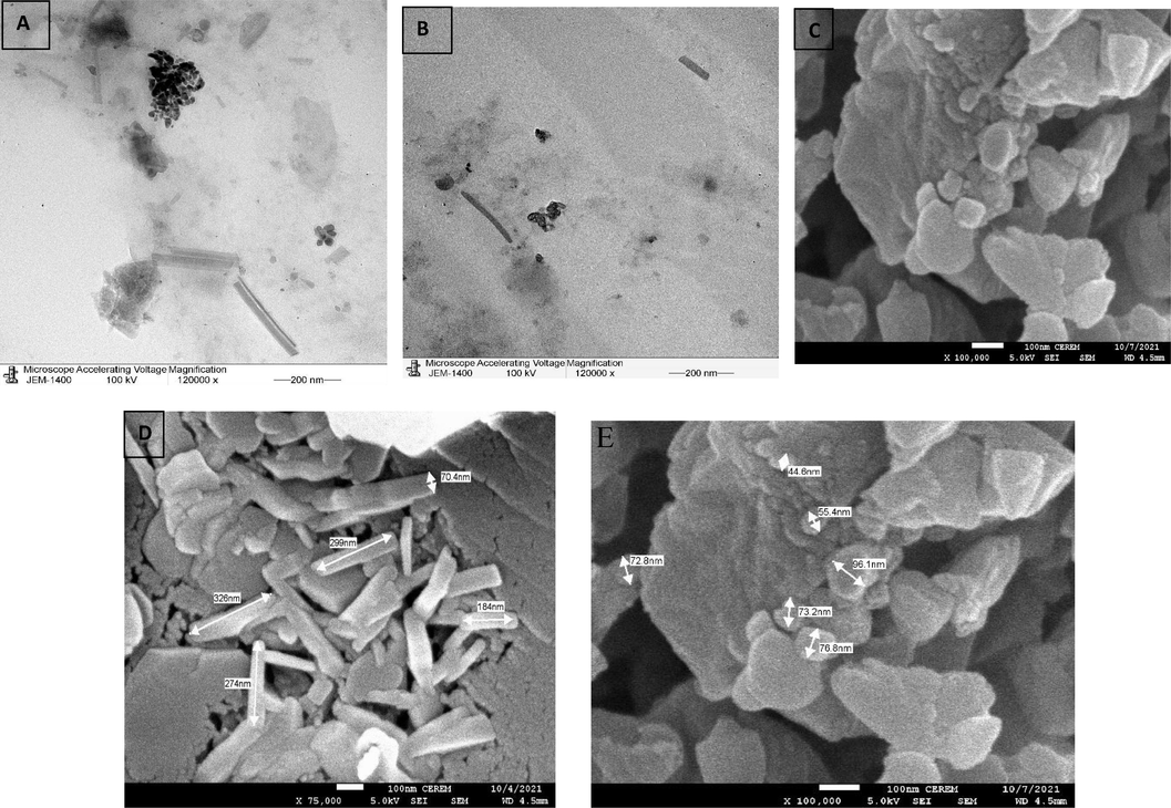 A and B show the micrographs (TEM), C,D and E show the scanning electron microscope (SEM) of the nanoparticles of hesperetin.