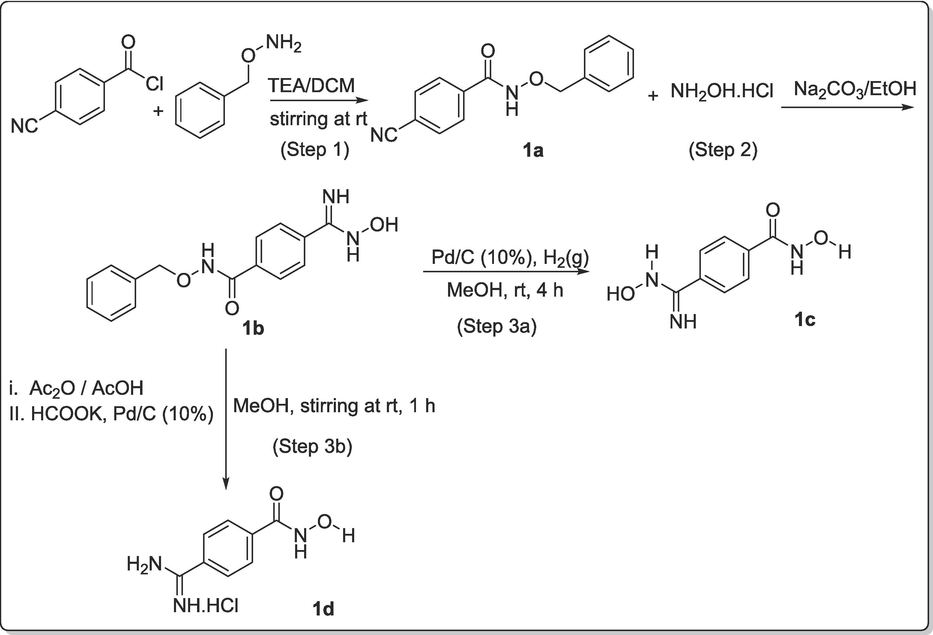 Synthetic pathway for achieving the designed amidinyl- compound (1c) and amidoximyl- compound (1d).
