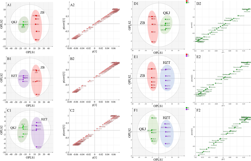 OPLS-DA analysis score chart and S-Plot chart of Aconitum pendulum processed products based on 1H NMR (A, B, C) and UPLC-Q-TOF-MS (D, E, F) method. Number 1 is the OPLS-DA analysis score chart, and number 2 is the S-Plot chart.