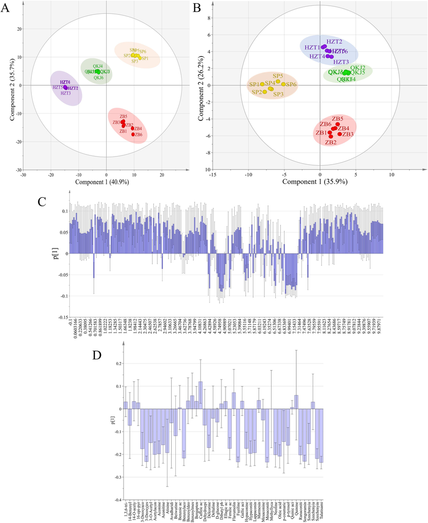 PCA analysis score chart and load chart of different processed products of Aconitum pendulum. (A) PCA score map of 1H NMR; (B) PCA score chart of UPLC-Q-TOF-MS; (C) PCA load diagram of 1H NMR; (D) PCA load diagram of UPLC-Q-TOF-MS.