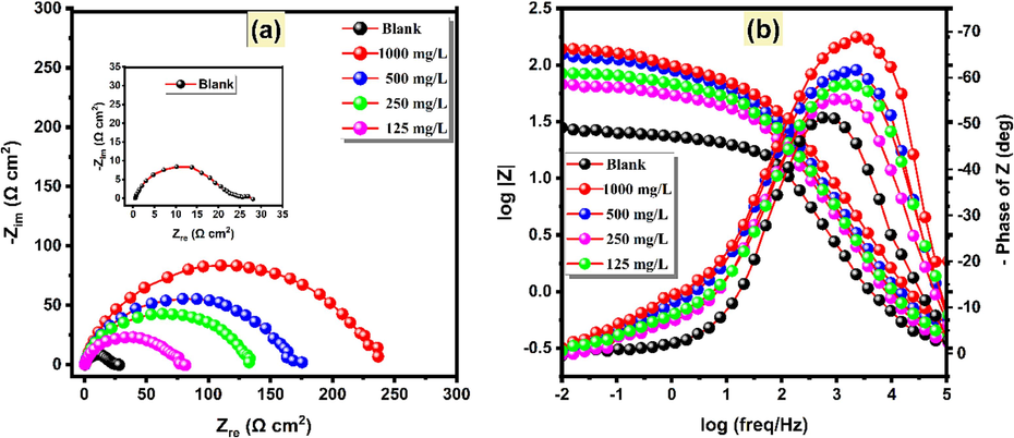 EIS plots; (a) Nyquist plot, and (b) Bode plot for the corrosion of XC18 in the absence and presence of diverse concentrations of HHLE at 298 K.