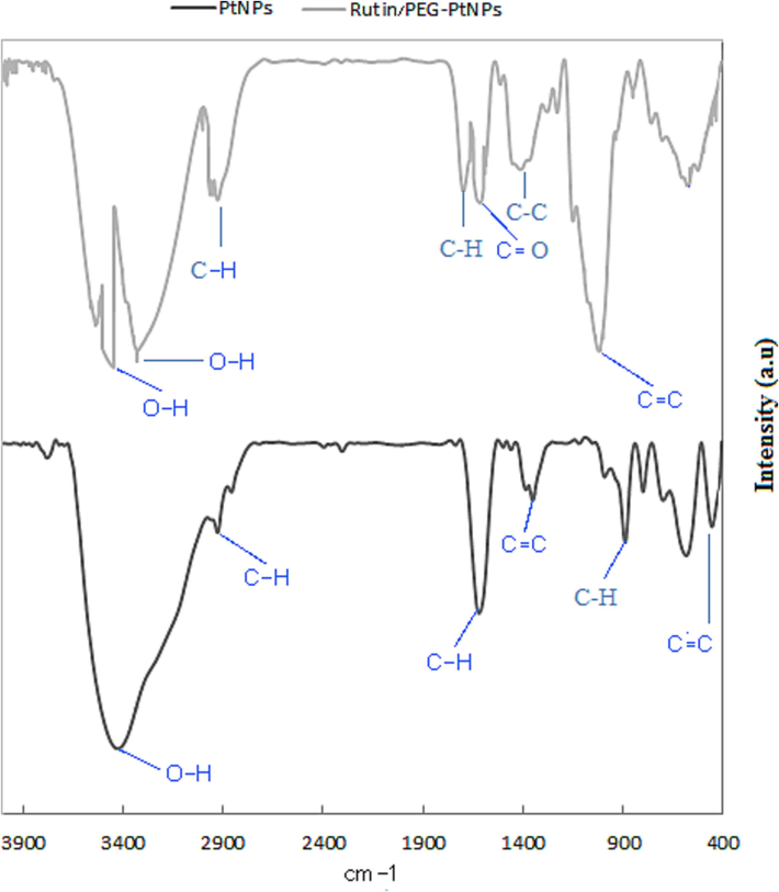 FT-IR spectrum of PtNPs and Rutin-PEG-PtNPs.