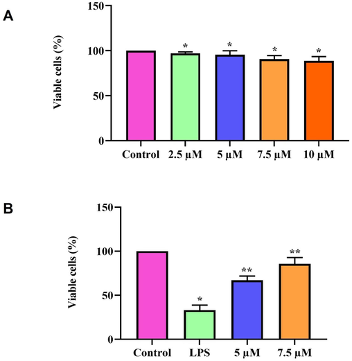 Cytoprotective effect of natural pigment zeaxanthin. A. RAW264.7 cells were treated with 0–10 µM for 24 h. MTT assay was performed. B) RAW264.7 cells were treated with zeaxanthin 5 &10 µM concentration challenged with 1 µg/ml LPS. MTT assay was performed. Results were statistically analyzed with GraphPad Prism software. One-way ANOVA followed by Student’s t test was done. Statistical significance p < 0.05.