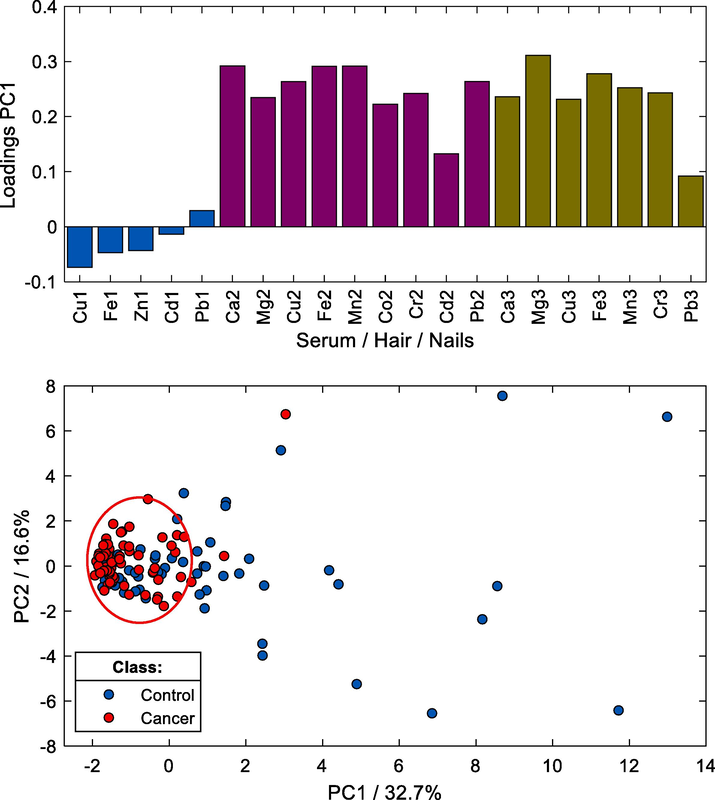PCA: (top) projection of objects on the PC1/PC2 plane with the use of 21 class differentiating variables, (bottom) component loadings of PC1. On the X-axis, index 1 is for serum, index 2 for hair, and index 3 for nails.