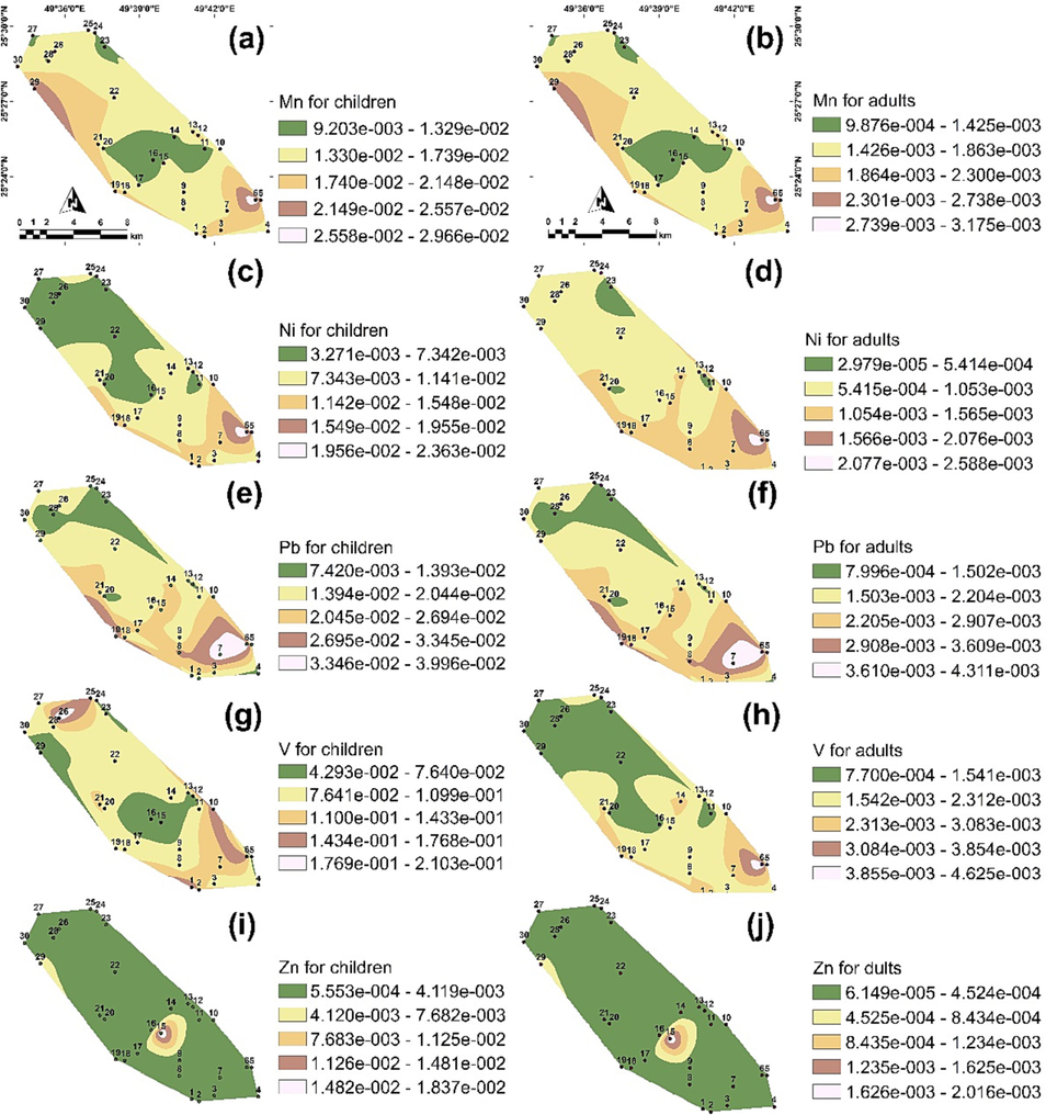 Spatial distribution of hazard index (HI) of Mn, Ni, Pb, V, and Zn per sampled location.