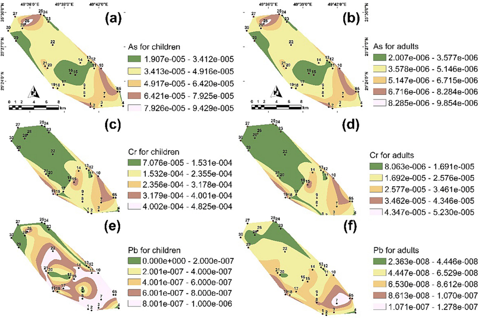 Spatial distribution of LCR for As, Cr, and Pb per sampled location.