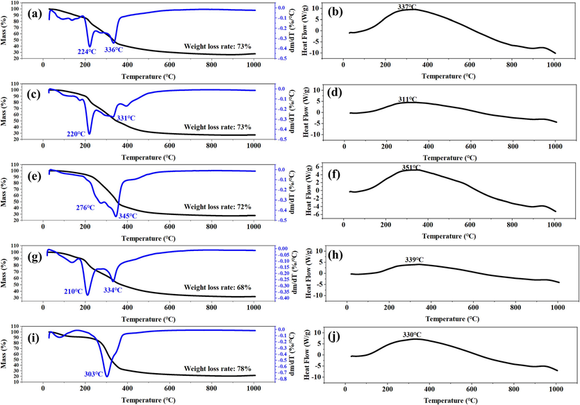 TG-DTG and DSC curves of the TCMRs. (a, b) DNS; (c, d) CX; (e, f) DG; (g, h) DGS; (i, j) HQ.