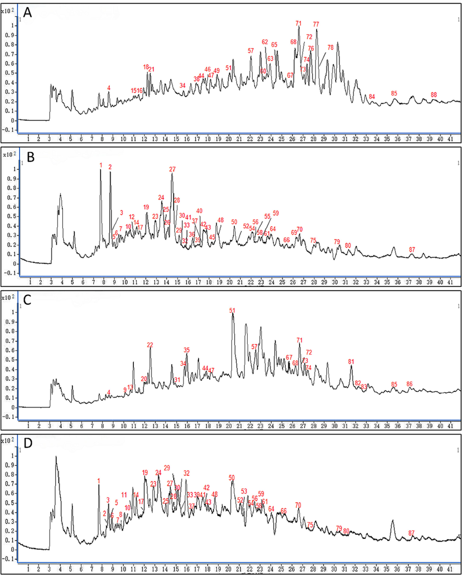 The total ion chromatograms (TIC) of the two species in positive and negative modes. (A) TIC of C. dahurica in positive MS mode; (B) TIC of C. dahurica in negative MS mode; (C) TIC of C. foetida in positive MS mode; and (D) TIC of C. foetida in negative MS mode.