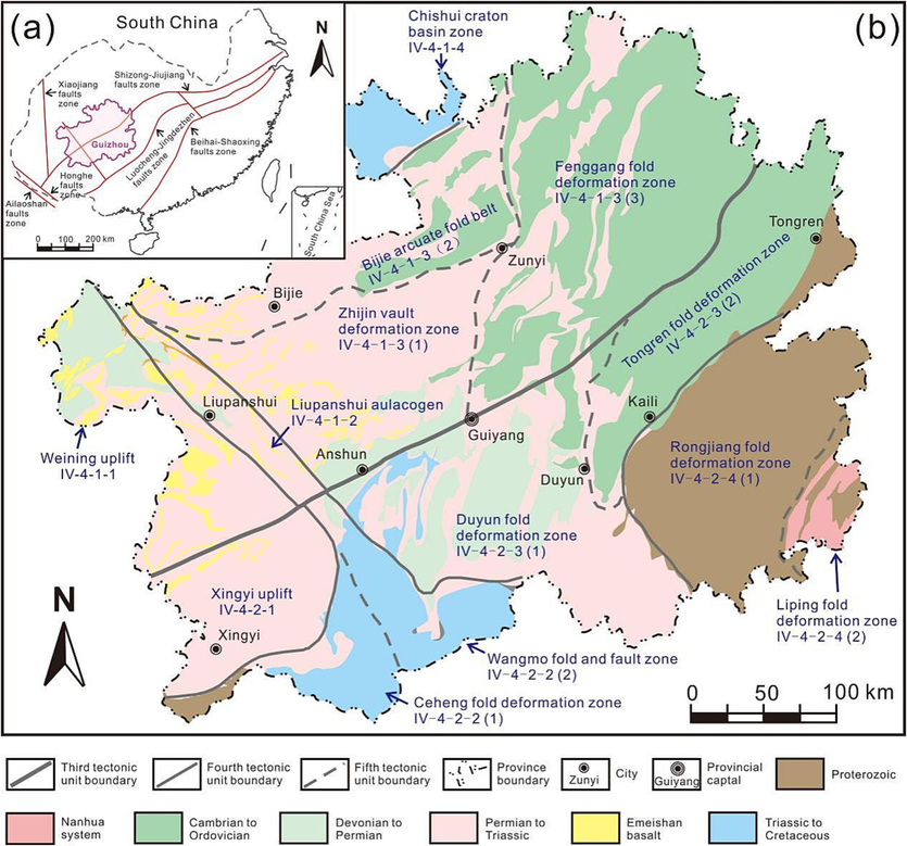 Geological setting. a) The location of Guizhou Province in South China (after Guizhou Geological Survey, 2017), and b) The geological map of Guizhou Province showing its tectonic zones.