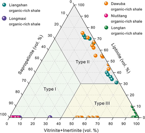 Ternary diagram showing the different organic matter types.