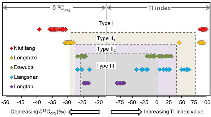 Organic matter type identification based on the data of the kerogen carbon isotope and the TI index (δ13Corg values is from Lin et al., 2014; Li, 2019; Zhu et al., 2019; Xia et al., 2020; Ma, 2017; Niu et al., 2021; Wang et al., 2022a; Zheng et al., 2022).