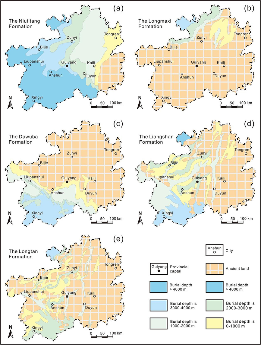 Burial depth of the shale gas exploration and development target formations (after Zhu et al., 2019). a) The Niutitang Formation, b) the Wufeng-Longmaxi Formation, c) the Dawuba Formation, d) the Liangshan Formation and e) the Longtan Formation.