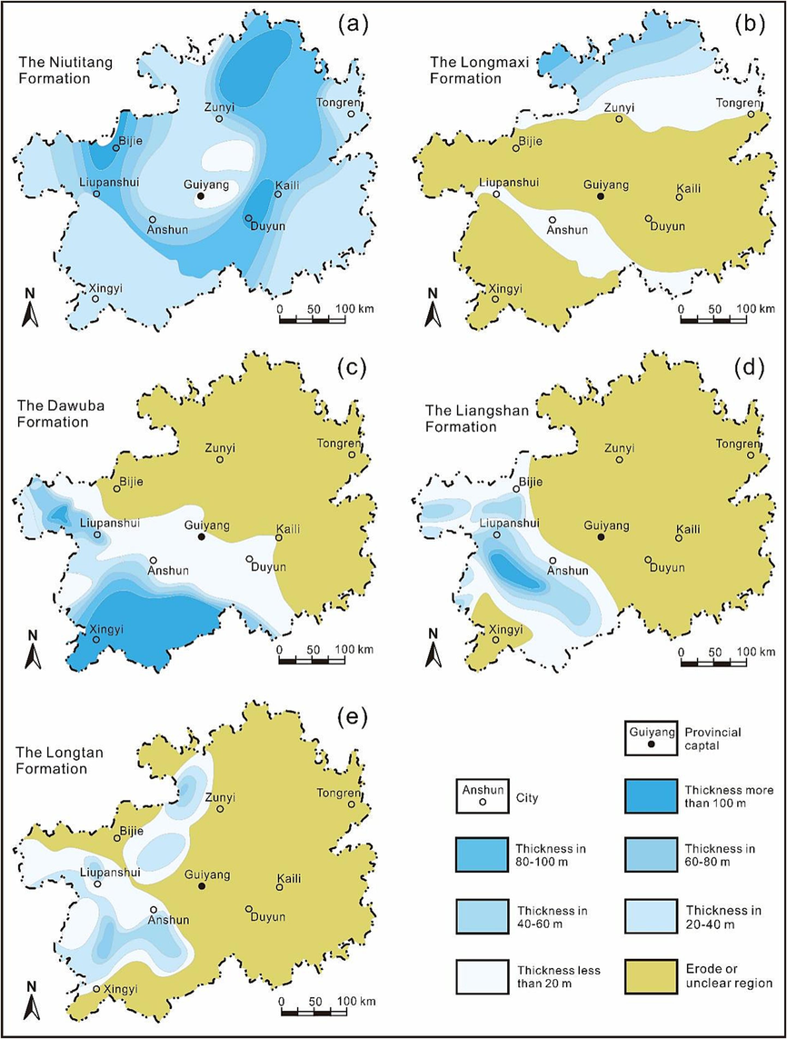 Distribution of organic-rich shales in Guizhou Province. a) The Niutitang organic-rich shale, b) the Wufeng-Longmaxi organic-rich shale, c) the Dawuba organic-rich shale, d) the Liangshan organic-rich shale and e) the Longtan organic-rich shale.