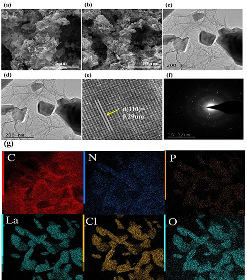 (a), (b) SEM images of LaOCl-NPC, (c), (d) TEM images of LaOCl-NPC, (e), (f) HR-TEM images of LaOCl-NPC, (g) EDS mapping of LaOCl-NPC.