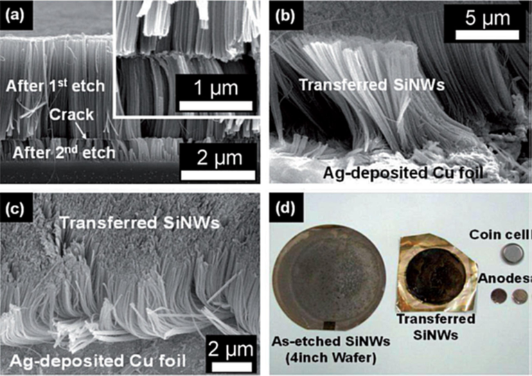 (a) Cross-sectional FE-SEM image of the as-prepared SiNW arrays with horizontal crack on Si substrate. Inset: Zoom-in image of the horizontal crack. (b) Cross-sectional FE-SEM image of the central surface of 10 mm long SiNWs transferred onto the Ag-coated Cu electrode. (c) Tilted-surface FE-SEM image of the outer edges of the transferred 10 mm long SiNWs. (d) Photographs of as-prepared SiNWs on Si substrate, vertically transferred SiNWs on Cu electrode, as-prepared SiNW anodes, and coin-type half-cell (Kim et al., 2013). Copyright 2013 Wiley-VCH Verlag GmbH & Co. KGaA, Weinheim.