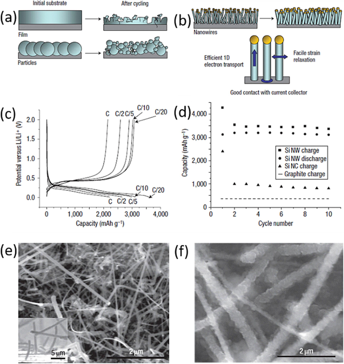 (a) Schematic of morphological changes that occur in Si during electrochemical cycling. The volume of Si anodes changes by about 400% during cycling. As a result, Si films and particles tend to pulverize during cycling. (b) SiNWs grown directly on the current collector do not pulverize or break into smaller particles after cycling. Rather, facile strain relaxation in the NWs allows them to increase in diameter without breaking. (c) The voltage profiles for the SiNWs cycled at different currents. (d) Capacity versus cycle number for the SiNWs at the C/20 rate. (e and f) SEM image of pristine SiNWs before (e) and after (f) electrochemical cycling. Reproduced with permission from (Chan et al., 2008) Copyright 2008, Nature publishing group.