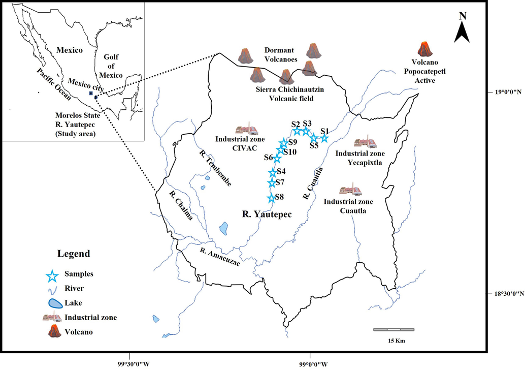 Map of the study area indicating the sampling sites of the Yautepec River, Morelos central Mexico.