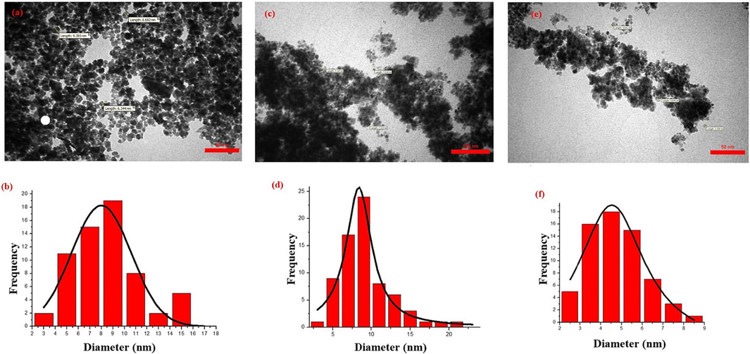 TEM images of a) MgC NPs and c, e) MgCF@SiO-NH-GA and histogram of the particle size distribution of b) MgC NPs and d, f) MgCF@SiO-NH-GA.