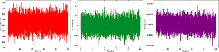 Temperature (A), pressure (B) and potential energy (C) throughout the entire simulation of 100 ns.