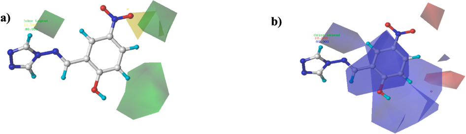 Contour maps results of the CoMFA elaborated model. Steric (a), Electrostatic (b).