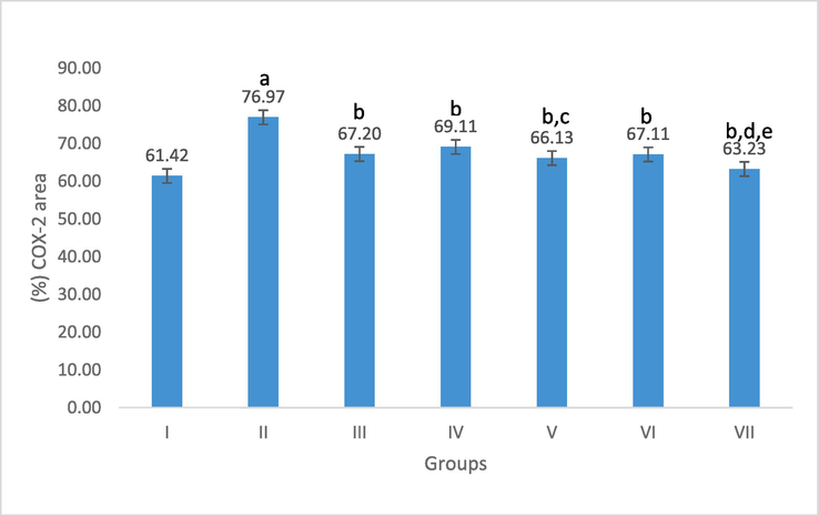 Effect of C. fistula on COX-2 positively stained area percentage in colon rats. Data presented as mean ± S.E (n = 5). I; control, II; acetic acid, III; treated with sulfasalazine drug, IV; protection with a low dose, V; protection with a high dose, VI; treatment with a low dose and VII; treatment with a high dose. a significant difference as compared to control, b Significant difference as compared to acetic acid, c significant difference as compared to protection with a low dose, d significant difference as compared to treatment with a low dose, and e significant difference as compared to treatment with sulfasalazine drug (p ≤ 0.05).