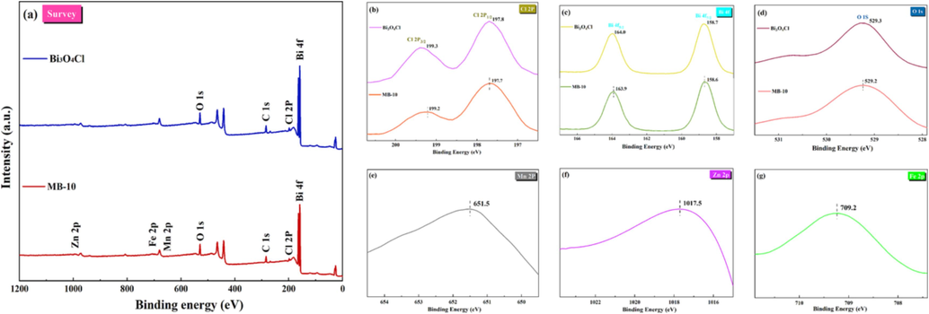 (a) X-ray photoelectron spectroscopy (XPS) survey spectra; (b–g) corresponding high-resolution XPS spectra of each element.