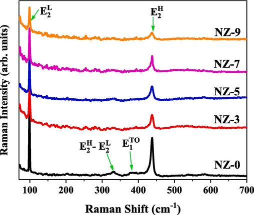 Room temperature Raman spectra of investigated Ni-doped ZnO nanoparticles.