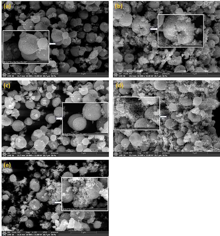 FE-SEM micrographs of investigated Ni-doped ZnO nanoparticles. (a) NZ-0, (b) NZ-3, (c) NZ-5, (d) NZ-7, and (e) NZ-9. The inset micrograph in each figure shows the selected zones with higher magnification.