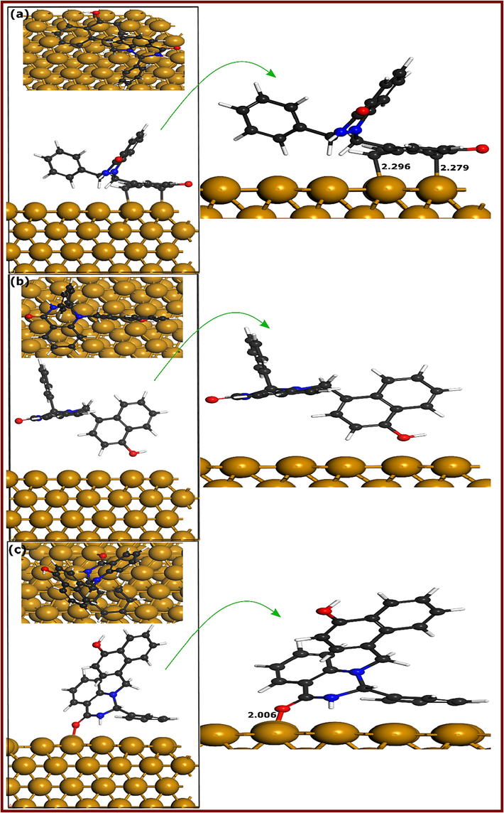 DFTB-optimized adsorption geometries of DQ-CH3 at different configurations; (a) Conf.1, (b) Conf. 2, and (c) Conf. 3.