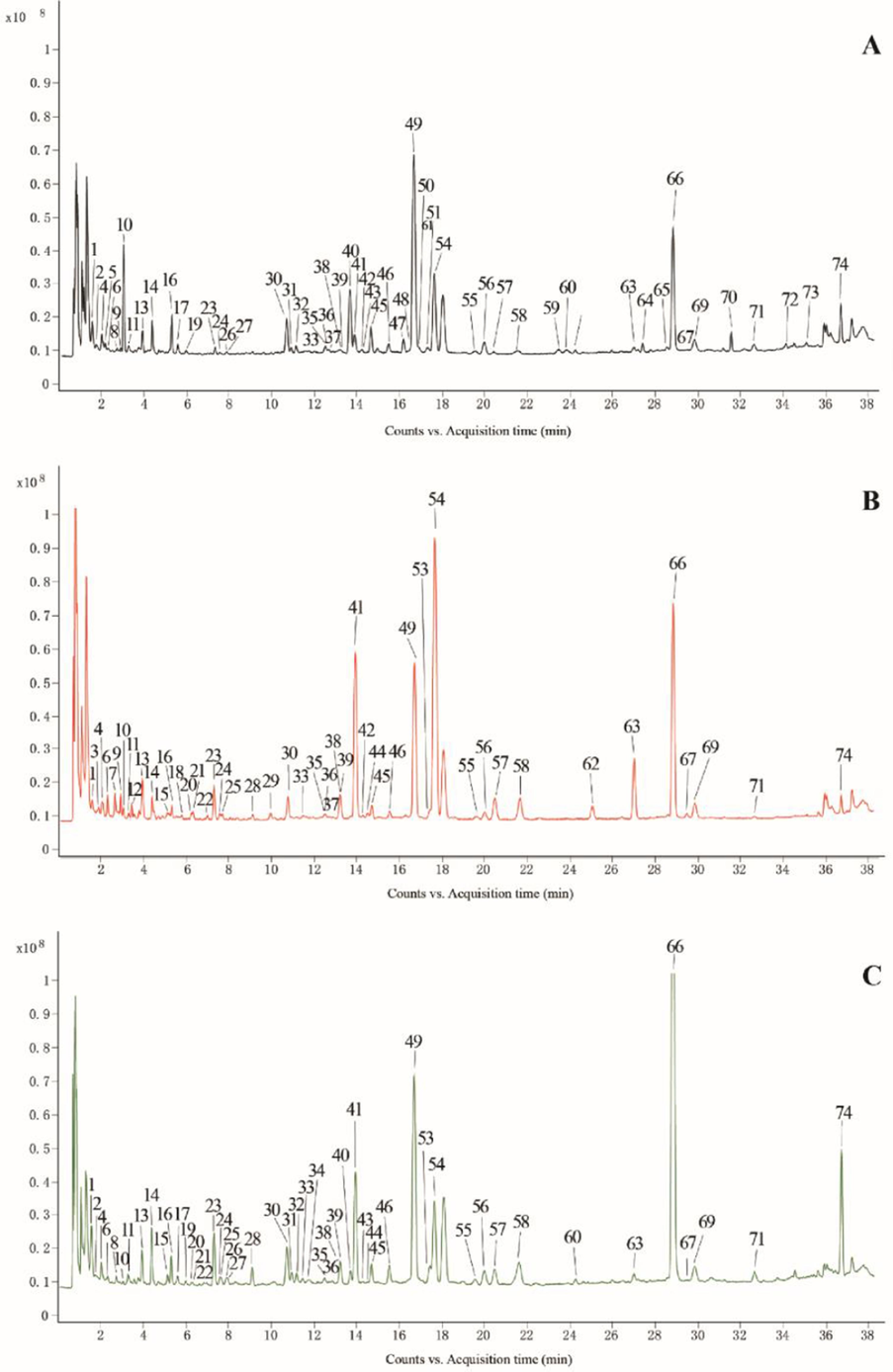 The typical total ion chromatograms of fruits (A), flowers (B) and leaves (C) of Forsythia suspensa by UPLC-QTOF-MS/MS. The peak numbers are consistent with the compound numbers presented in Table 1.