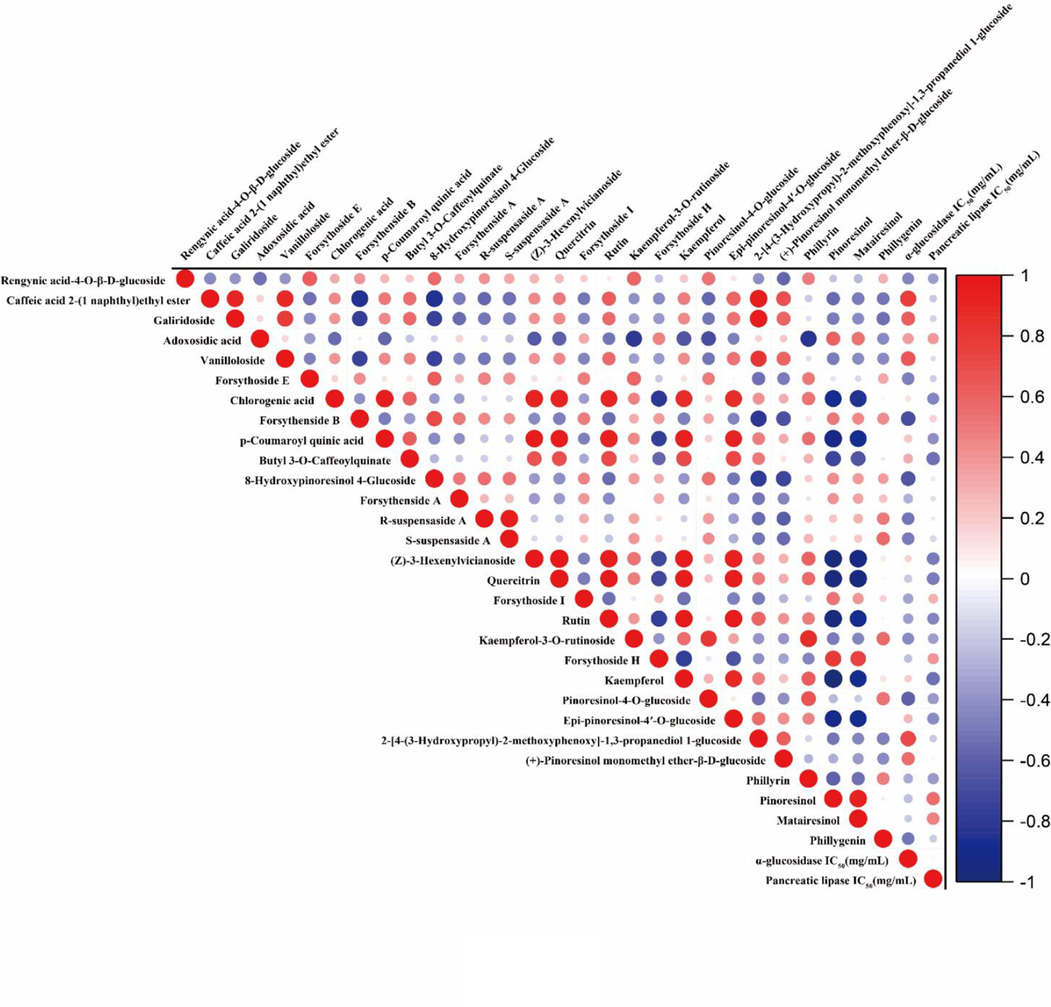 Pearson correlation analysis between 29 differential metabolites and α-glucosidase and pancreatic lipase inhibitory activities (IC50 values). Red means positive correlation and blue means negative correlation. (For interpretation of the references to colour in this figure legend, the reader is referred to the web version of this article.)