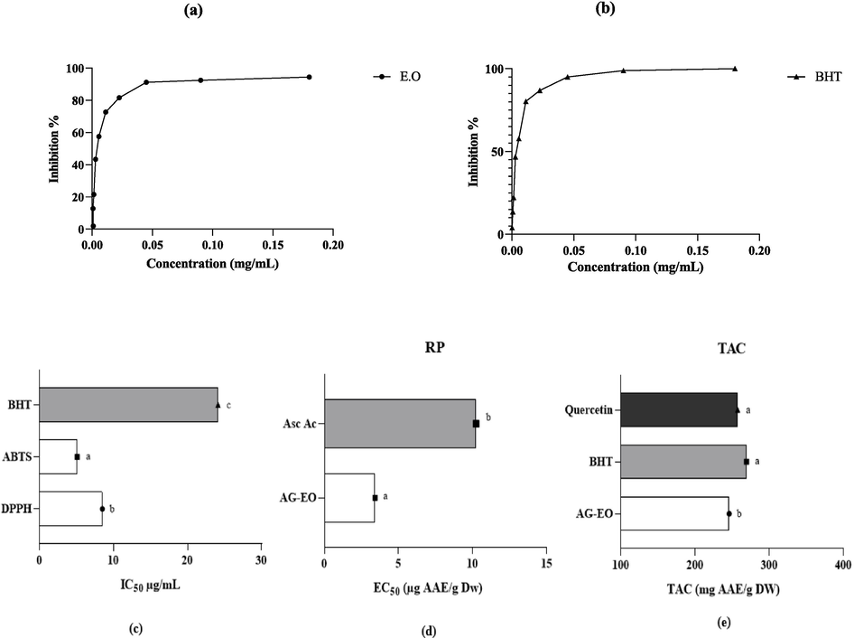 Antioxidant activity of AG-EO using the DPPH and ABTS assays, Reducing power and total antioxidant capacity. The difference between bars with the same letters is not significant (p < 0.05).